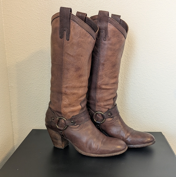 FRYE TAYLOR Brown Leather Harness Boots - 8 - Western, Cowboy - Picture 10 of 11